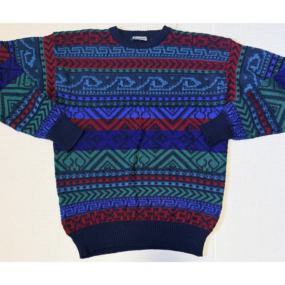 MEISTER - Men's VTG Sweater - Crewneck Geometric Fair Isle Wool Blend - Large